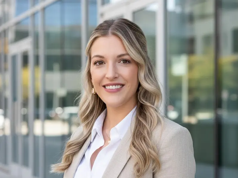 molly-brazil-family-law-attorney-winston-salem-nc-brazil-law-group Molly Brazil, owner of Brazil Law Group, smiling outside a modern office building in Winston-Salem, NC family law attorney.
